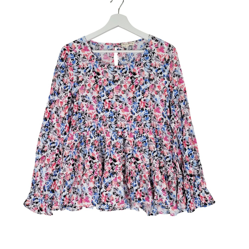 Jane Delancey Blouse Sz Large Pink Blue Floral Babydoll Tiered Ruffle Top Cottag